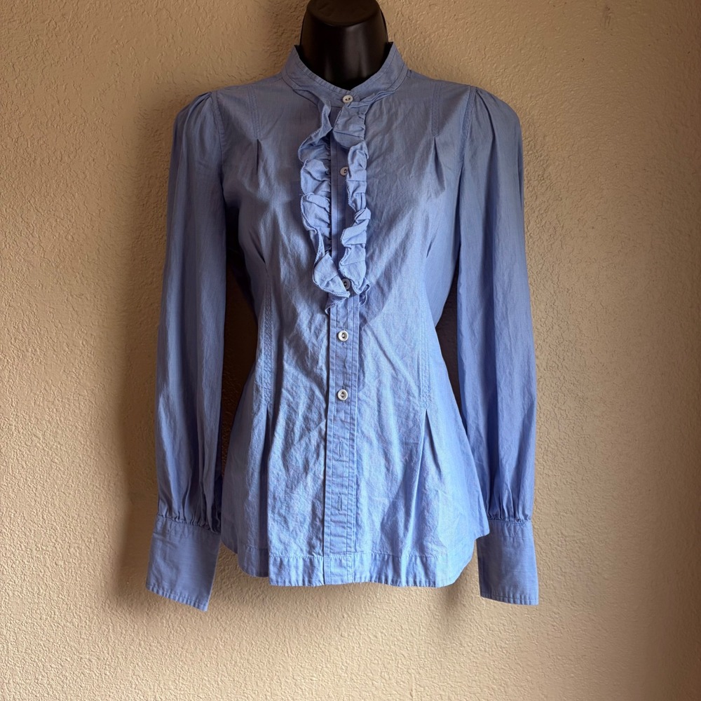Banana Republic Blue Pinstripe Ruffle Front Mandarin Collar Shirt Size 6